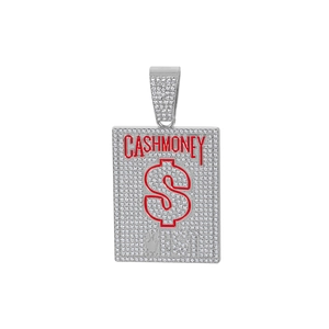 Close-up of hip hop square pendant with red Cash Money letters and dollar sign