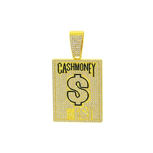 Macro shot of gold Cash Money dollar sign pendant with crystal pave setting and crown detail