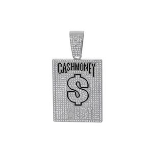 Macro detail of silver rectangle pendant with 'CASH MONEY' lettering and dollar sign icon