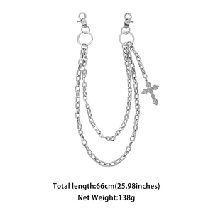 Double-layered hip hop trousers chain with cross pendant, length 66cm and weight 138g