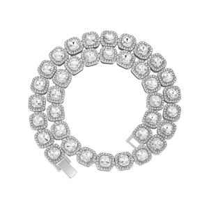 Detailed view of square halo crystal stones and large buckle on silver necklace
