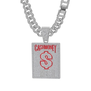 Macro detail of silver iced-out pendant with red CASH MONEY text and dollar sign symbol