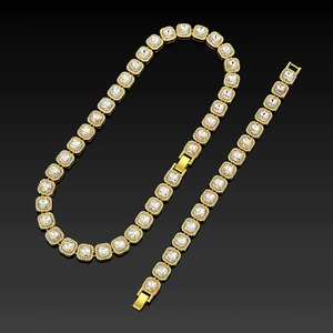 Close-up of hip-hop gold chain set with square-cut crystals and folding clasps