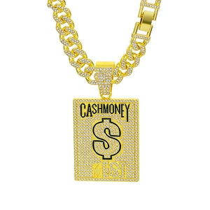Close-up of Cuban link necklace featuring iced-out CASH MONEY dollar sign pendant