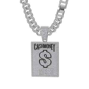 Hip-hop style iced-out square dollar sign pendant with silver Cuban link chain