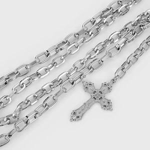 Double-layered silver chain necklace with a baroque cross pendant in retro hip hop style
