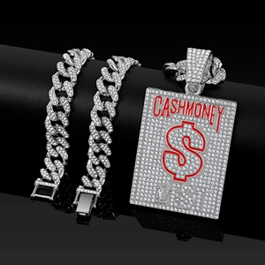 Hip-hop style silver Cuban chain with iced out CASH MONEY dollar sign rectangular pendant