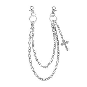 Double-layered hip hop waist chain with silver cross pendant and metal rings