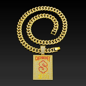 Macro shot of hip hop pendant with sparkling crystals and red Cash Money dollar sign