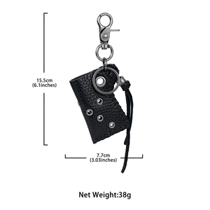 Black cowhide lighter case dimensions with carabiner 15.5cm length and 38g weight detail