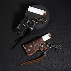 Vintage cowhide leather lighter case holder with keychain for outdoor accessories
