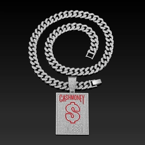 Detail of silver Cuban chain necklace with crystal CASH MONEY pendant and red dollar sign