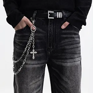Hip Hop Punk Silver Metal Double Layer Pants Chain With Gothic Cross Pendant Streetwear Waist Chain For Men Jewelry