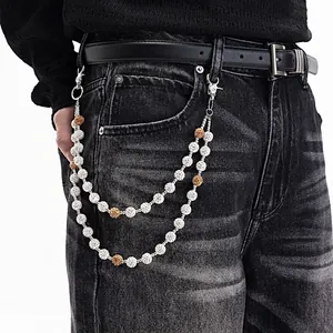 Chaîne de Pantalon à Double Couche en Strass Hip Hop Incrustation en Métal Perles Boule à Facettes pour Jeans Streetwear