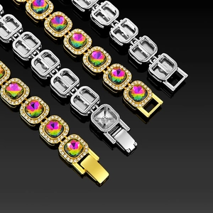Hip hop square glass stone necklace with gold and silver links on black background