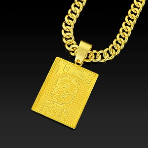 Macro detail of golden rectangular dollar sign pendant with Cash Money engraving