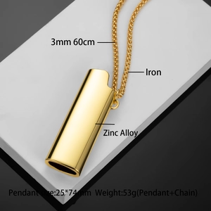 Detailed view of gold lighter case necklace pendant with dimensions 25x74mm and 60cm chain