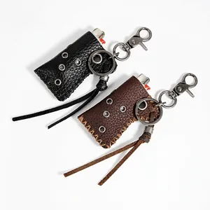 Retro Genuine Leather Lighter Case Keychain With Metal Grommets Tassel Pendant Hip Hop Biker Style Key Holder For Men Women