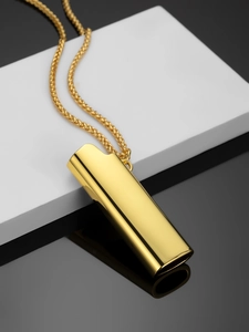 Polished gold lighter case pendant necklace with high-gloss finish and woven chain details