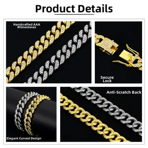 Cadena cubana de 13mm en oro y plata con circonitas AAA y cierre seguro para hombre y mujer