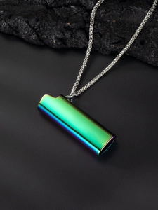 Detailed close-up of rainbow gradient metal lighter case necklace with silver chain