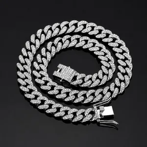 13mm Cuban link chain necklace with silver-tone alloy and full iced out rhinestones
