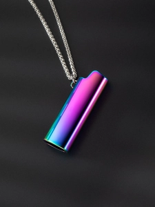 Close-up of iridescent rainbow lighter case pendant with silver wheat chain necklace
