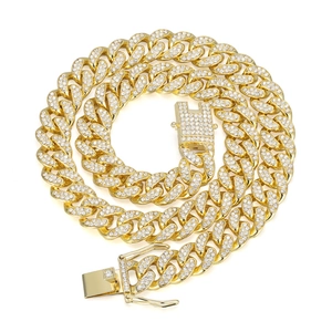 Cadena cubana de 13mm chapada en oro con cristales brillantes de estilo hip hop urbano