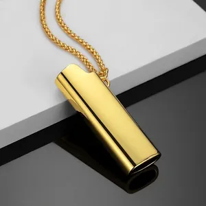 Hip Hop Lighter Case Pendant Necklace For Men Women Polished Metal Iridescent Gold Silver Alloy Iron Wheat Chain Jewelry