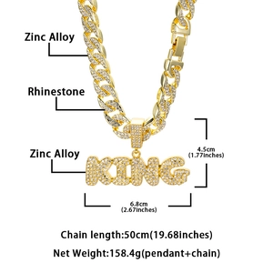 Gold-plated zinc alloy Cuban link necklace with iced-out KING pendant and rhinestones
