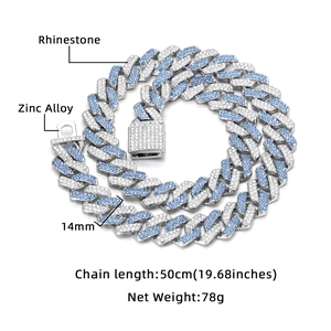 Hip hop 14mm Cubaanse schakelketting van zinklegering met blauwe en witte steentjes