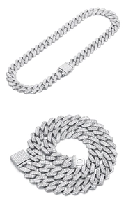 Detailopname van de 14mm verzilverde Cubaanse schakelketting met glanzende zirkonia's