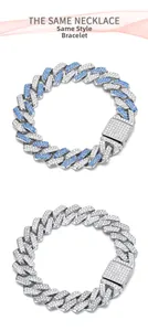 Detail van 14mm Cuban link armbanden met blauwe en witte strasstenen in hiphop-stijl