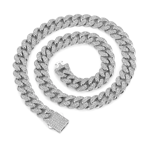 Collana Cuban Link classica 13mm argento con cristalli e fibbia con chiusura a molla