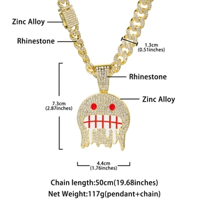 Hip hop monster face pendant necklace with rhinestones and Miami Cuban link chain