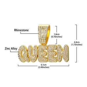 Detailed view of rhinestone paved QUEEN pendant dimensions in gold finish zinc alloy