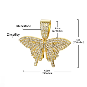 Detailed dimensions of gold-plated butterfly pendant with rhinestone-encrusted zinc alloy