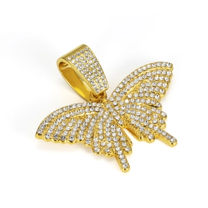 Close-up of gold-plated butterfly pendant with sparkling crystal rhinestones and bail