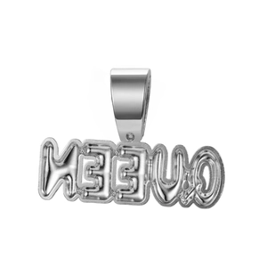 Close-up of silver-tone bubble letter KEELUO pendant with large bail in hip hop style