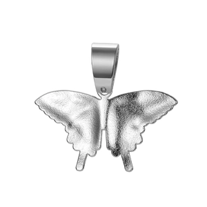 Detail of silver butterfly pendant featuring fine frosted texture and polished bail