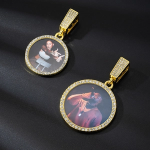 Hip-hop gold photo pendant necklace with round crystal rhinestones on black background