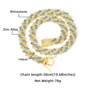 14mm Gold Cuban link chain with blue and white rhinestones, 50cm length, zinc alloy hiphop style