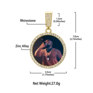 Hip hop style round zinc alloy pendant necklace with sparkling rhinestones and custom photo