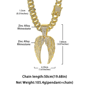 Chaîne cubaine hip hop avec grand pendentif aile en strass et alliage de zinc