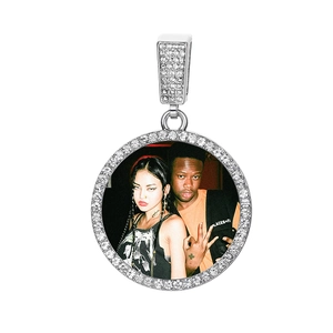 Custom hip hop round photo pendant with iced out rhinestones on a silver alloy necklace