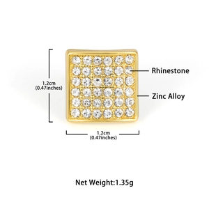 Square hip-hop stud earrings in gold alloy with clear rhinestones and size details
