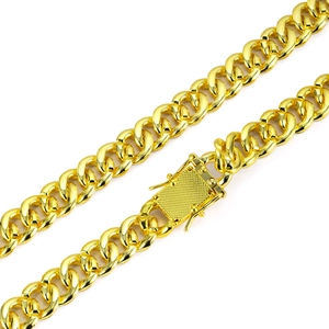 Close-up of 13mm gold Cuban link chain showing the heavy box clasp with safety locks
