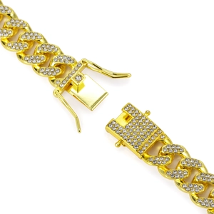 Close-up of 13mm iced out Cuban link chain with secure box clasp and gold finish