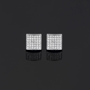 Macro view of square silver hip-hop earrings featuring sparkling micro-pave crystals