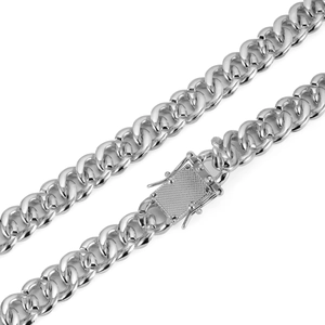 Macro shot of 13mm silver hip hop cuban link chain featuring a secure square box clasp